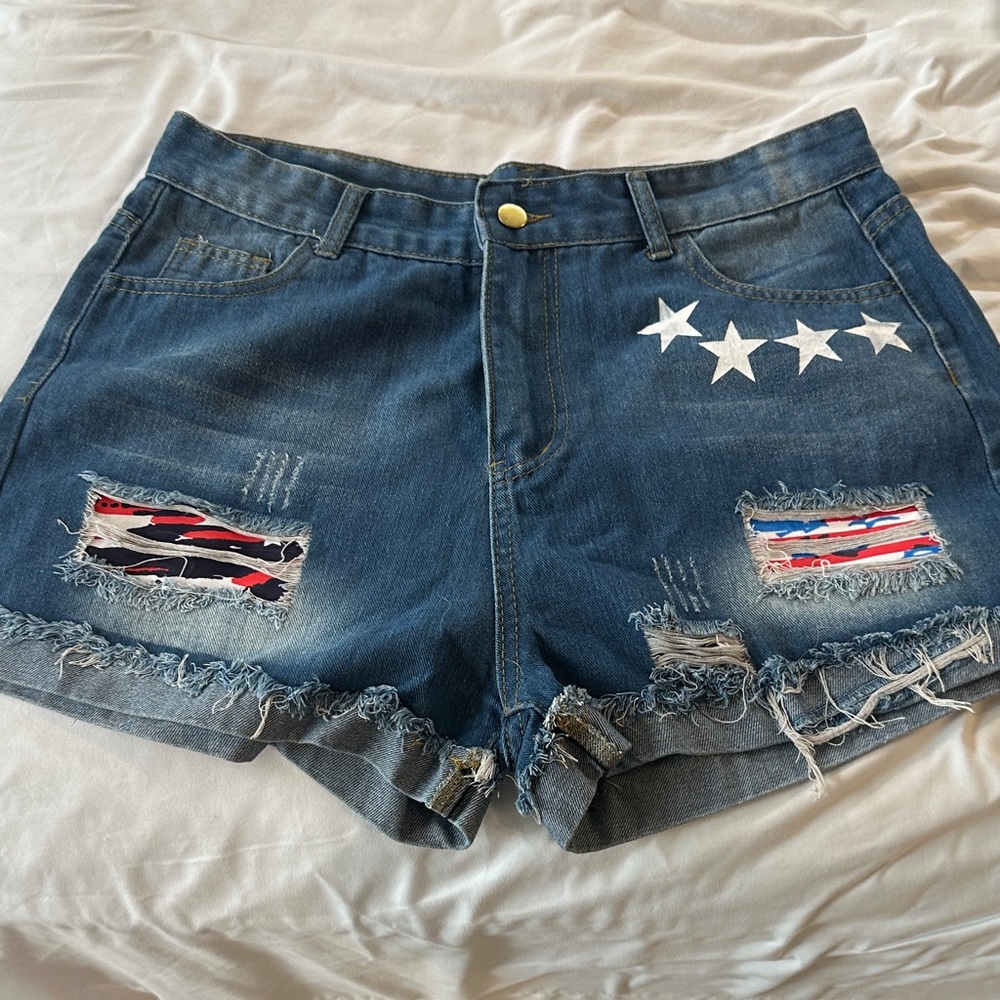 Distressed Denim Women’s Shorts with Star Accent - Blue